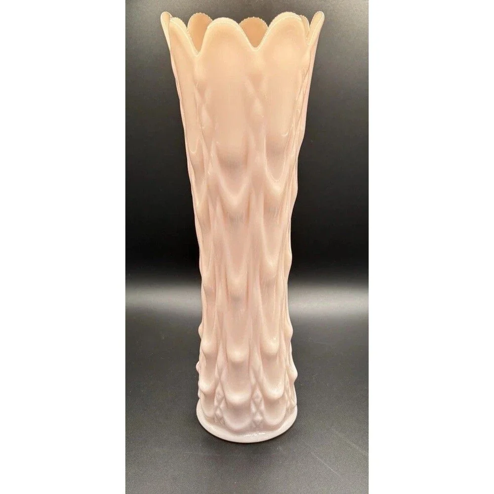 MCM Rare 1950's Fostoria 9.5” Tall FRISCO Peach Light Pink Milk Glass Swung Vase